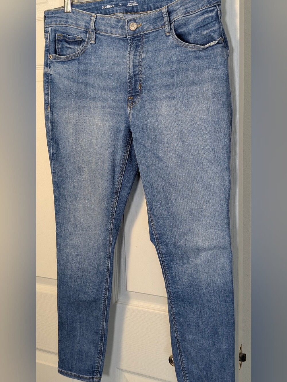 Navy Rockstar Super Skinny Jeans Women's 14 Short Mid Rise Light Wash Stretch